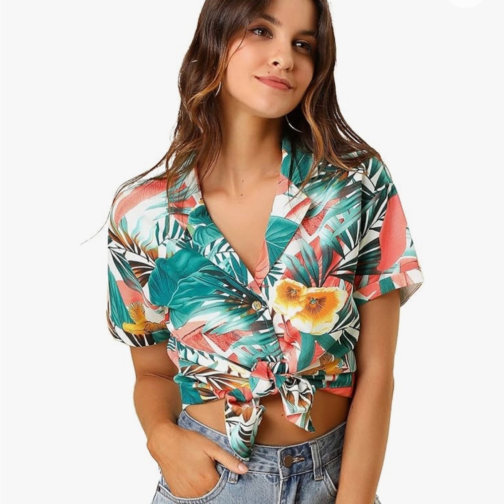 Women's Hawaiian Shirt Floral Leaves Printed Short Sleeve Top Button Down